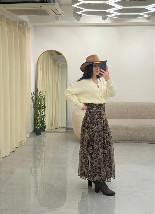 Drape Bel Detaylı Astarlı Etnik Desen Etek