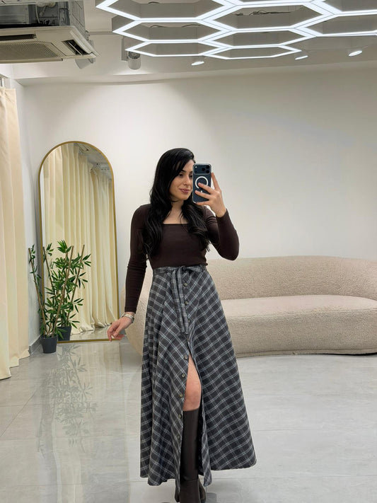 Ekose Desen Kuşaklı Önü Düğmeli Etek