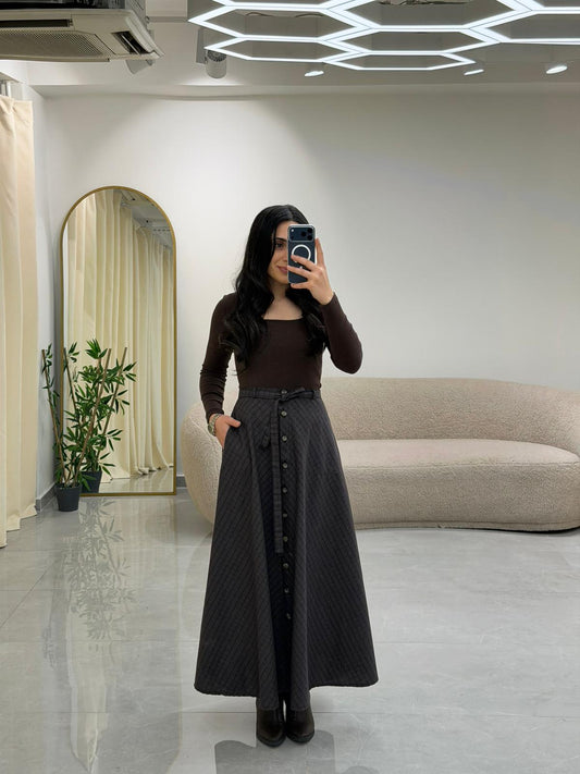 Ekose Desen Kuşaklı Önü Düğmeli Etek