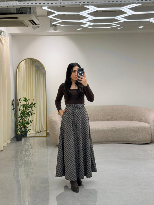 Ekose Desen Kuşaklı Önü Düğmeli Etek