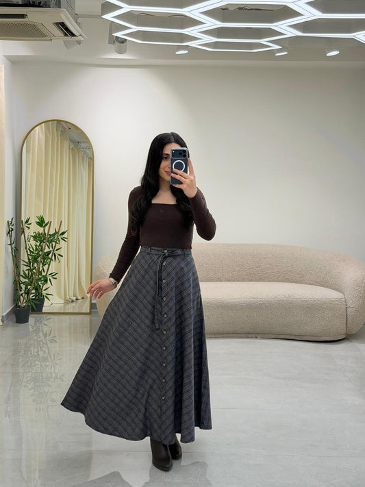 Ekose Desen Kuşaklı Önü Düğmeli Etek