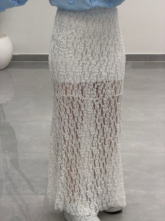 Volanlı Dantel Midi Etek Beyaz