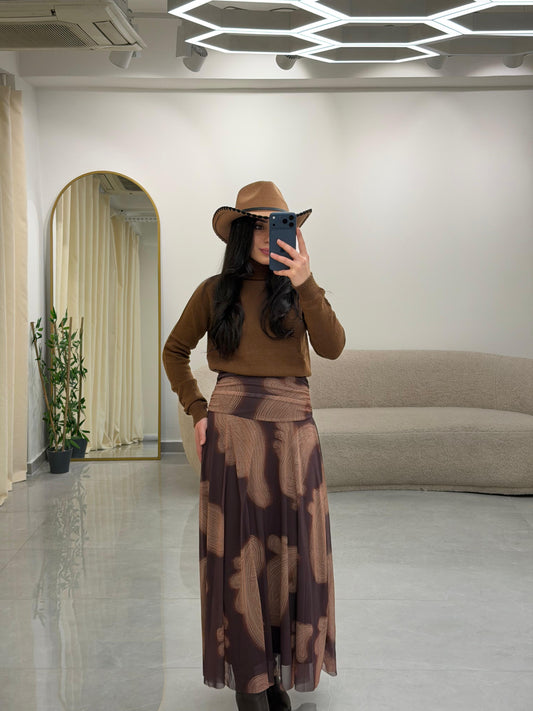 Drape Bel Detaylı Astarlı Desenli Etek