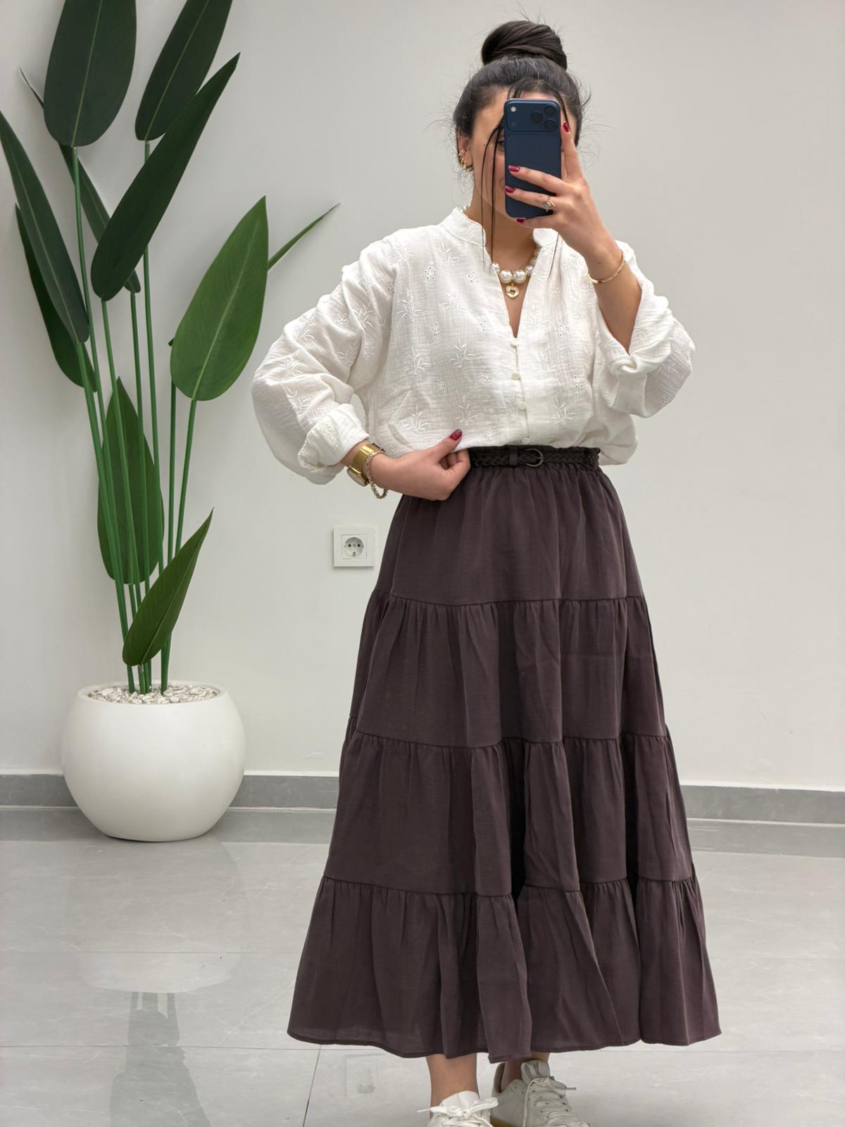 Beli Lastikli Kemerli Kloş Etek Kahve