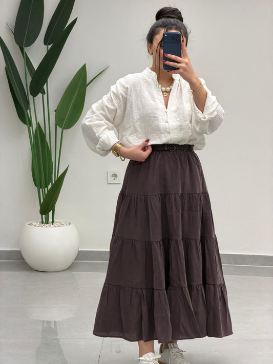 Beli Lastikli Kemerli Kloş Etek Kahve