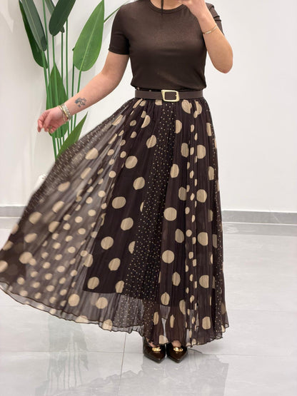 Puantiyeli Simli Şifon Etek Kahve