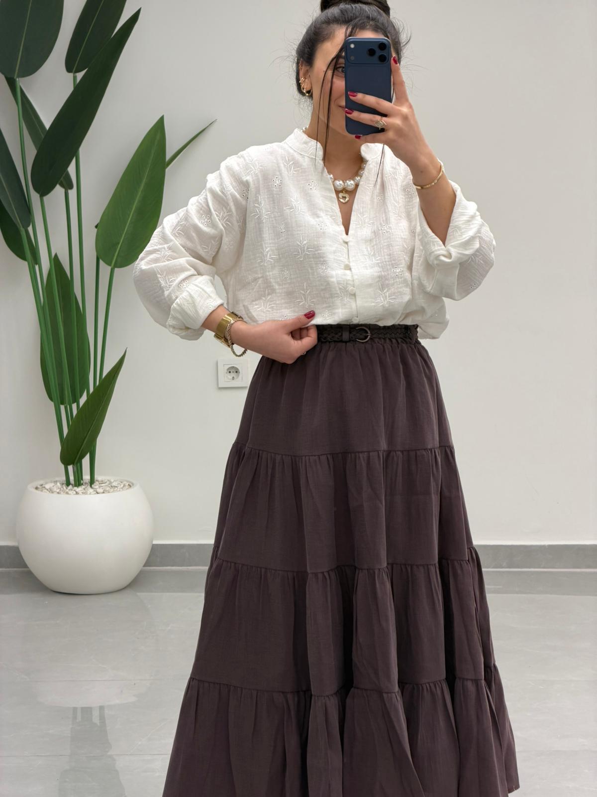 Beli Lastikli Kemerli Kloş Etek Kahve