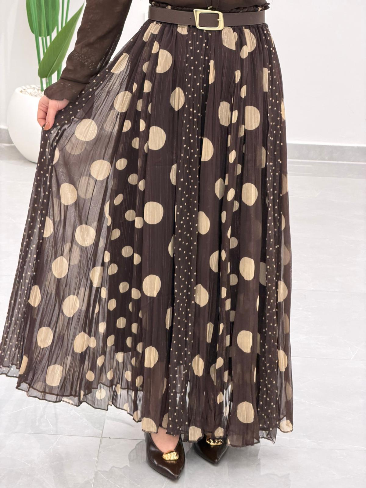 Puantiyeli Simli Şifon Etek Kahve