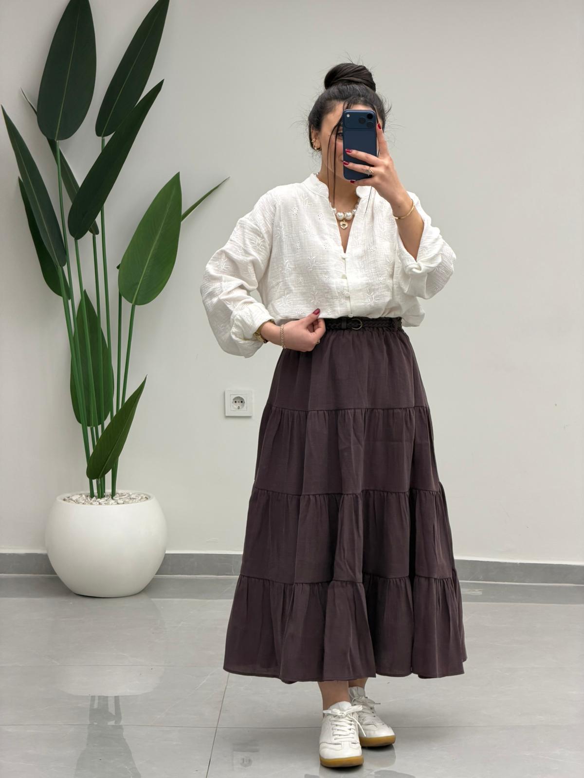 Beli Lastikli Kemerli Kloş Etek Kahve