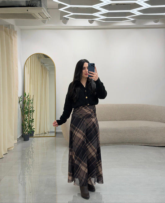 Drape Bel Detaylı Astarlı Desenli Etek Kahve