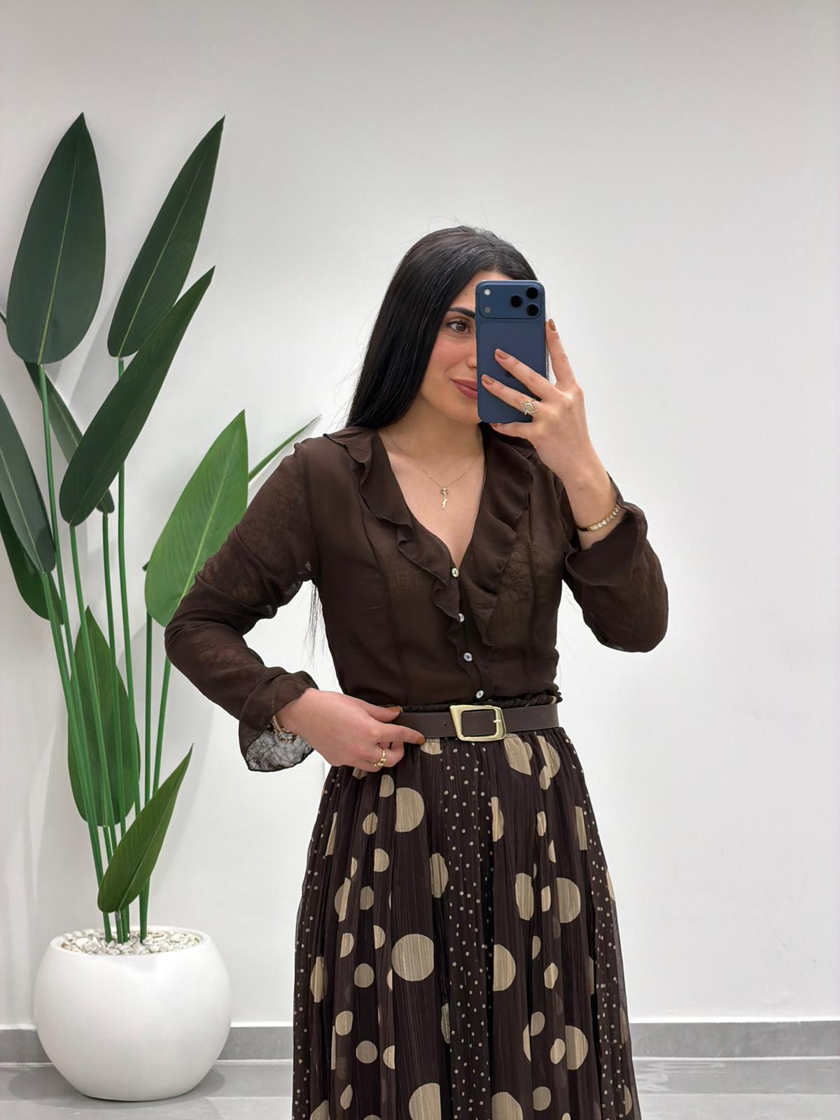 Puantiyeli Simli Şifon Etek Kahve