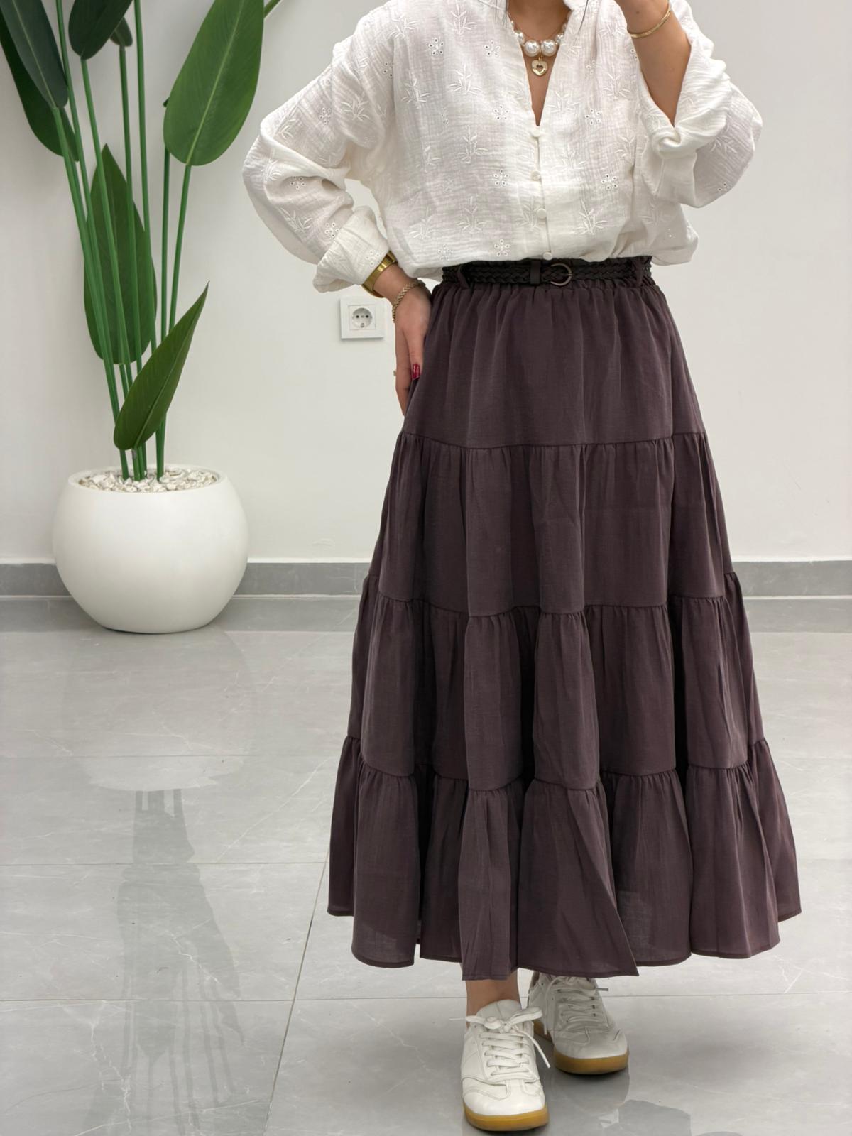 Beli Lastikli Kemerli Kloş Etek Kahve