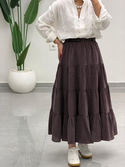 Beli Lastikli Kemerli Kloş Etek Kahve