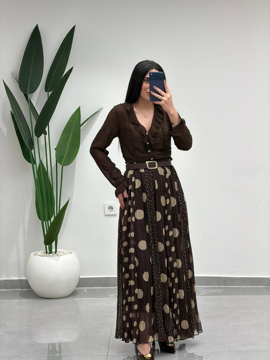 Puantiyeli Simli Şifon Etek Kahve