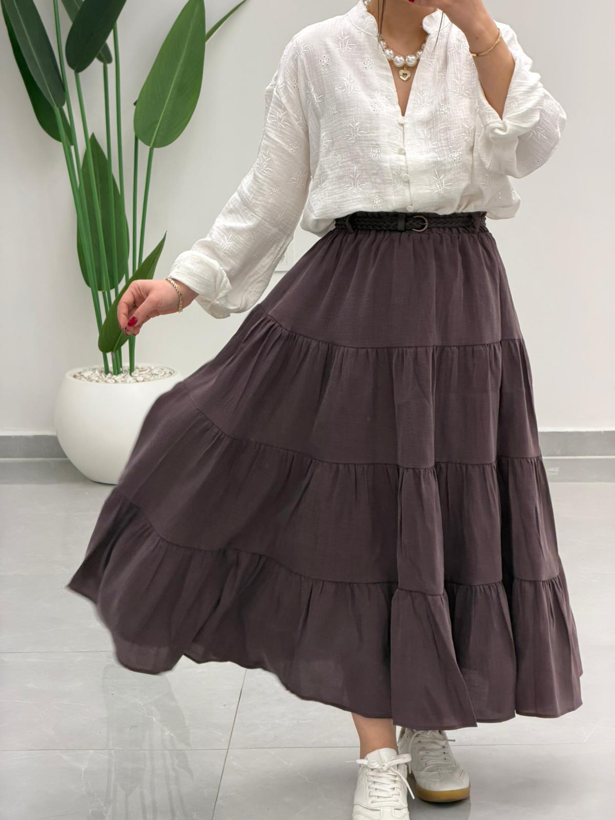 Beli Lastikli Kemerli Kloş Etek Kahve