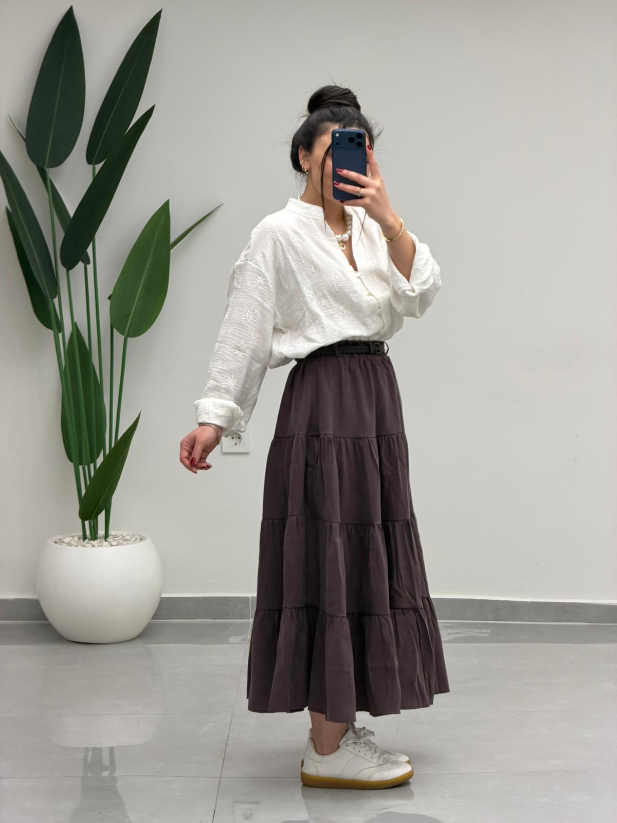 Beli Lastikli Kemerli Kloş Etek Kahve