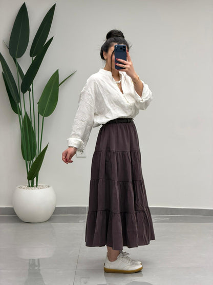 Beli Lastikli Kemerli Kloş Etek Kahve