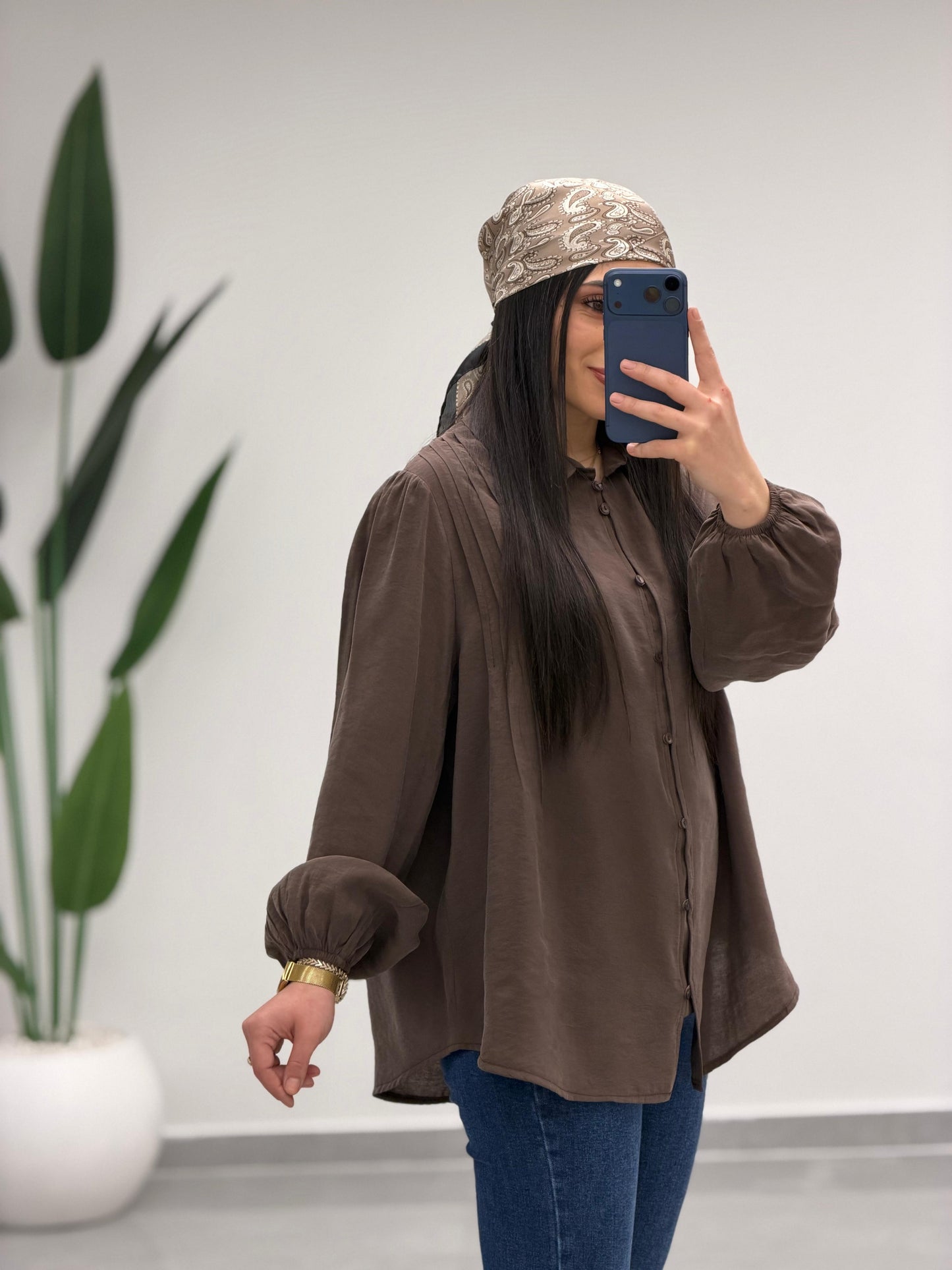 Pens Detaylı Düğme Kapama Gömlek Kahve