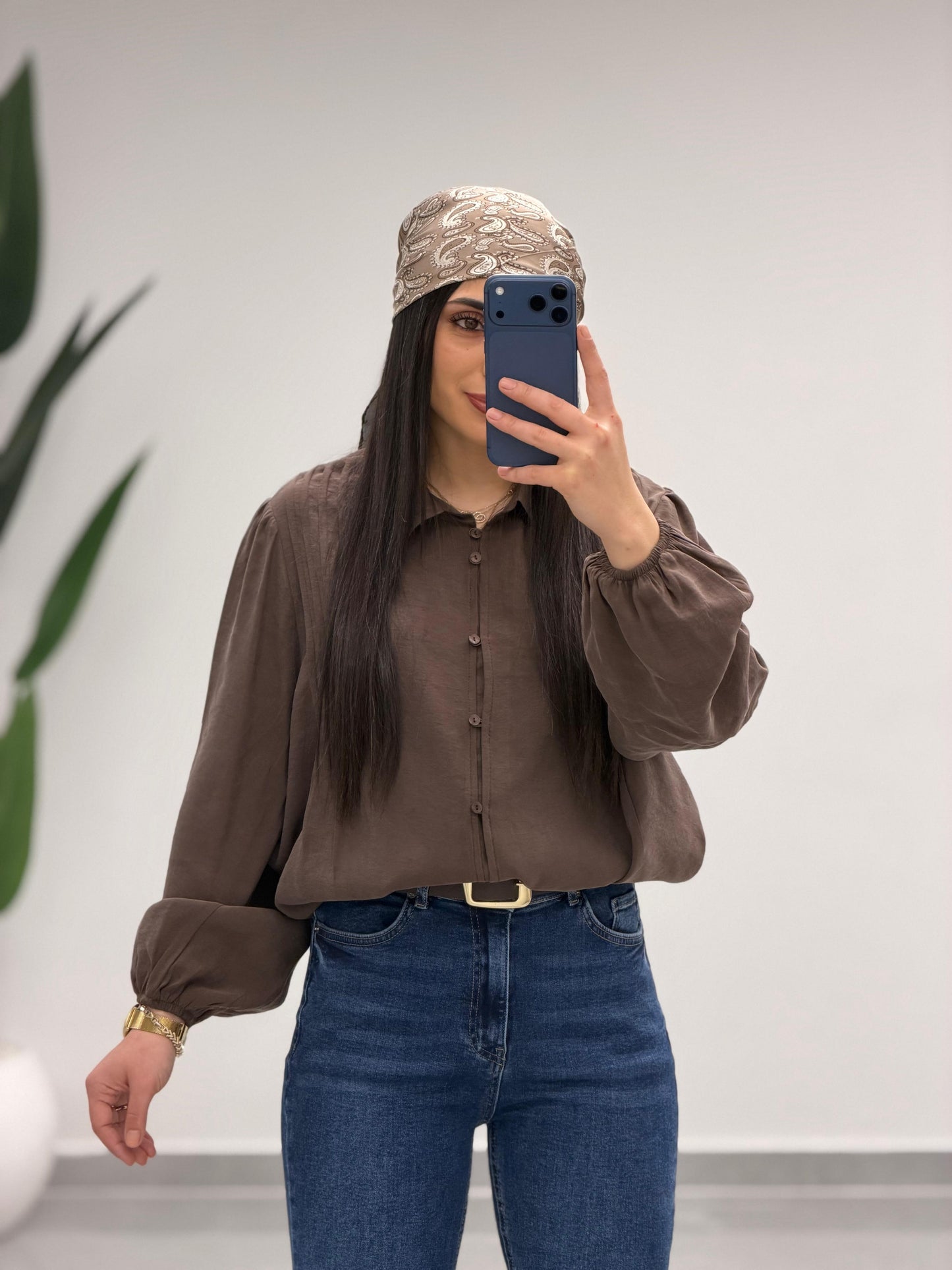 Pens Detaylı Düğme Kapama Gömlek Kahve