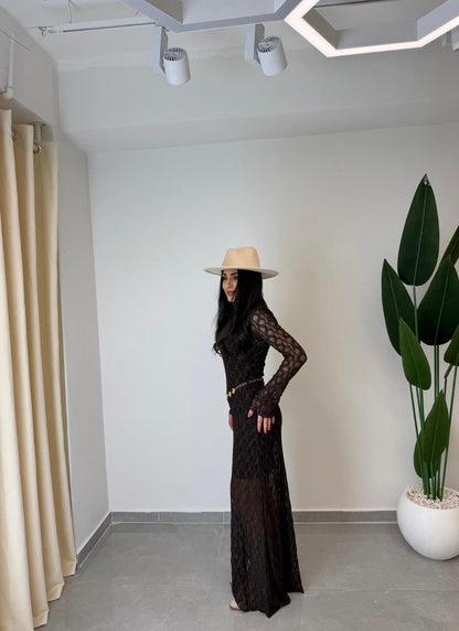 Dantelli Kemerli Uzun Kol Elbise Kahve