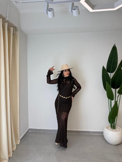 Dantelli Kemerli Uzun Kol Elbise Kahve