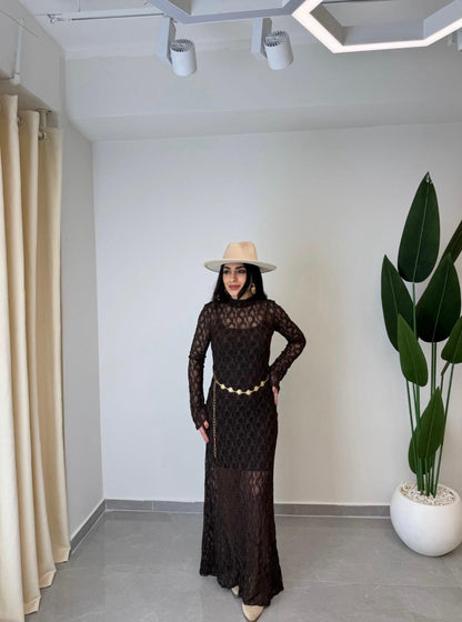 Dantelli Kemerli Uzun Kol Elbise Kahve