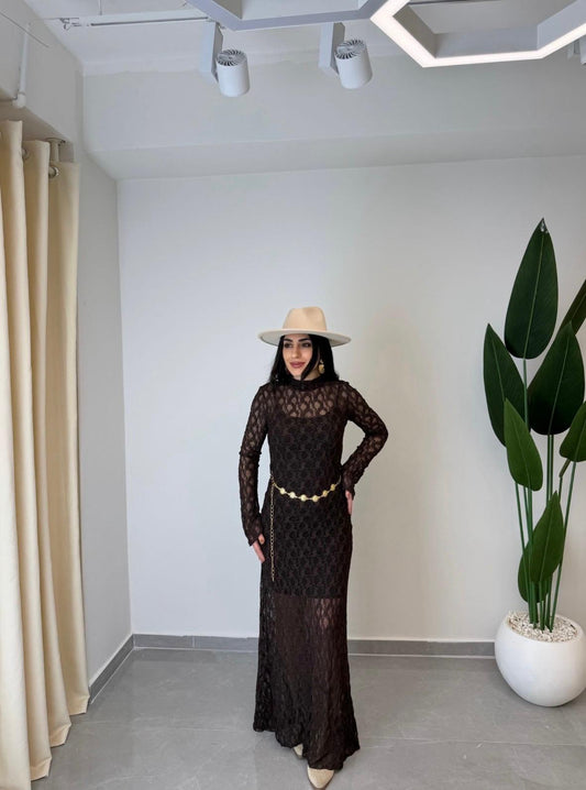 Dantelli Kemerli Uzun Kol Elbise Kahve