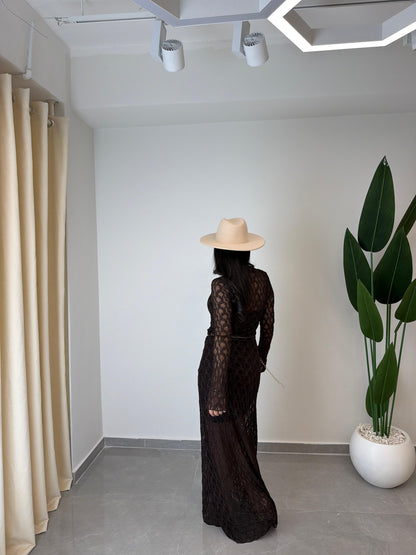 Dantelli Kemerli Uzun Kol Elbise Kahve