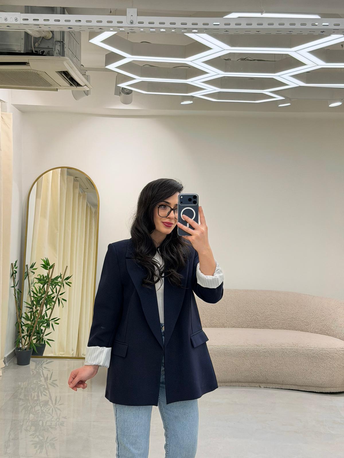 Şal Yaka Kol Katlamalı Astarlı Ceket Lacivert