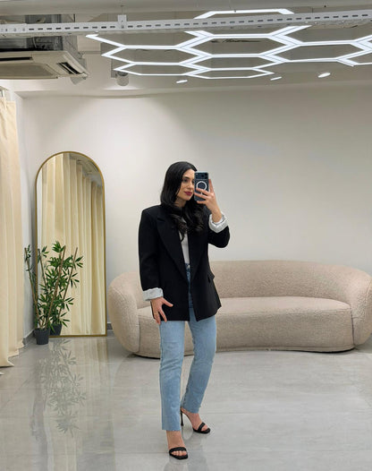 Şal Yaka Kol Katlamalı Astarlı Ceket Siyah