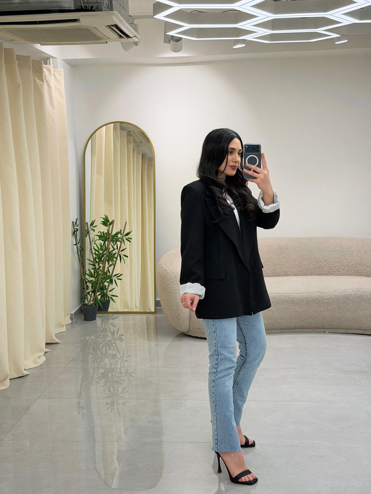 Şal Yaka Kol Katlamalı Astarlı Ceket Siyah