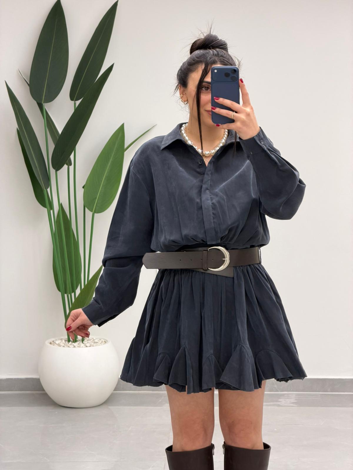 Kemer Detaylı Piliseli Tensel Mini Elbise Lacivert