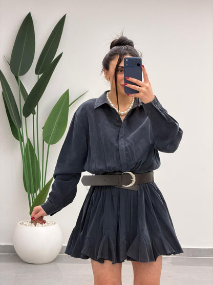 Kemer Detaylı Piliseli Tensel Mini Elbise Lacivert