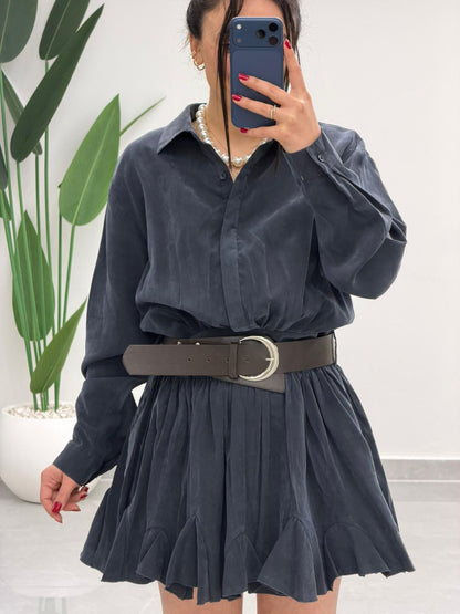 Kemer Detaylı Piliseli Tensel Mini Elbise Lacivert