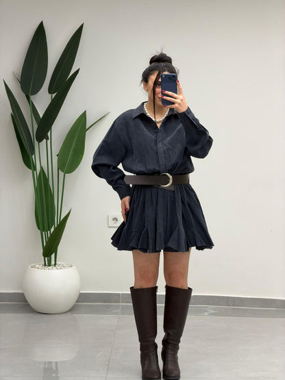 Kemer Detaylı Piliseli Tensel Mini Elbise Lacivert