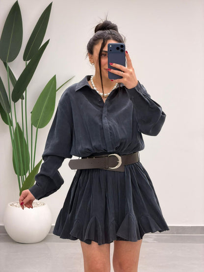 Kemer Detaylı Piliseli Tensel Mini Elbise Lacivert