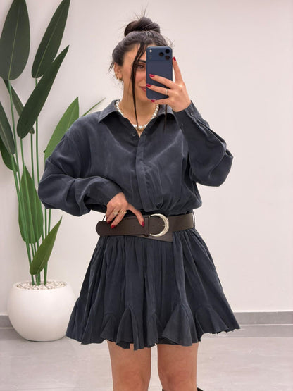 Kemer Detaylı Piliseli Tensel Mini Elbise Lacivert