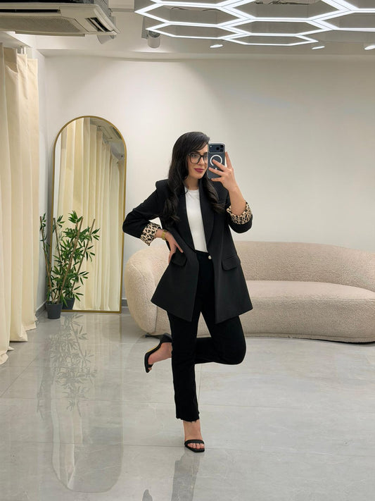 Şal Yaka Leopar Astarlı Bleazer Ceket Siyah