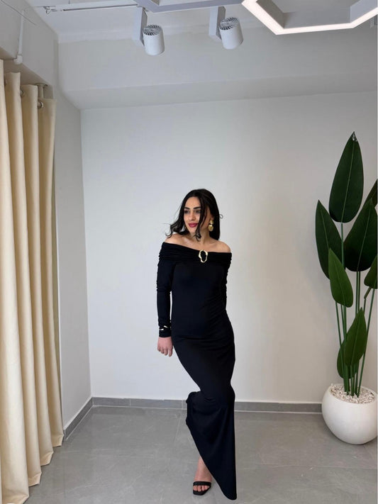 Madonna Yaka Aksesuar Detaylı Elbise Siyah