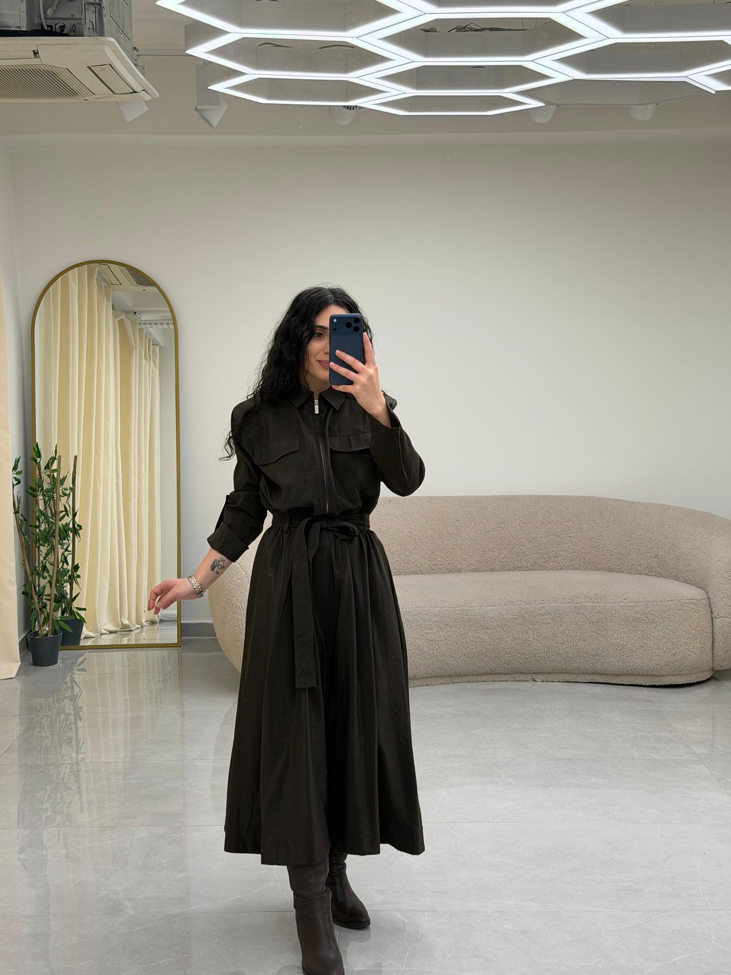 Yaka Fermuar Kemerli Elbise Kahrengi