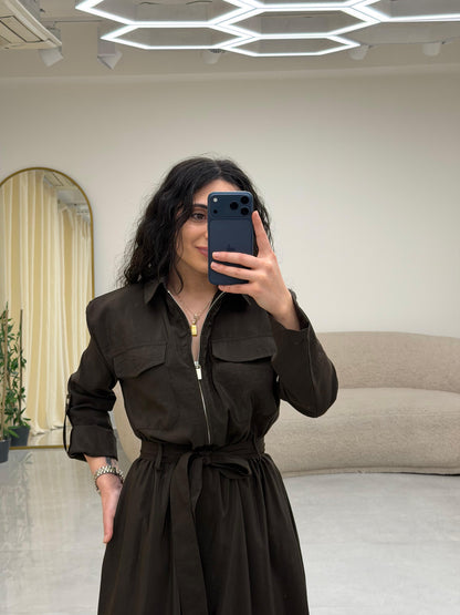 Yaka Fermuar Kemerli Elbise Kahrengi