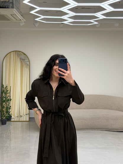 Yaka Fermuar Kemerli Elbise Kahrengi