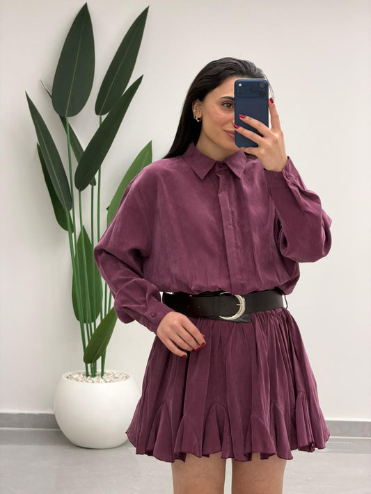 Kemer Detaylı Piliseli Tensel Mini Elbise Mürdüm