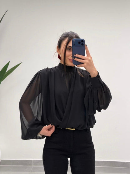 Yaka Bağlamalı Şifon Bluz Siyah