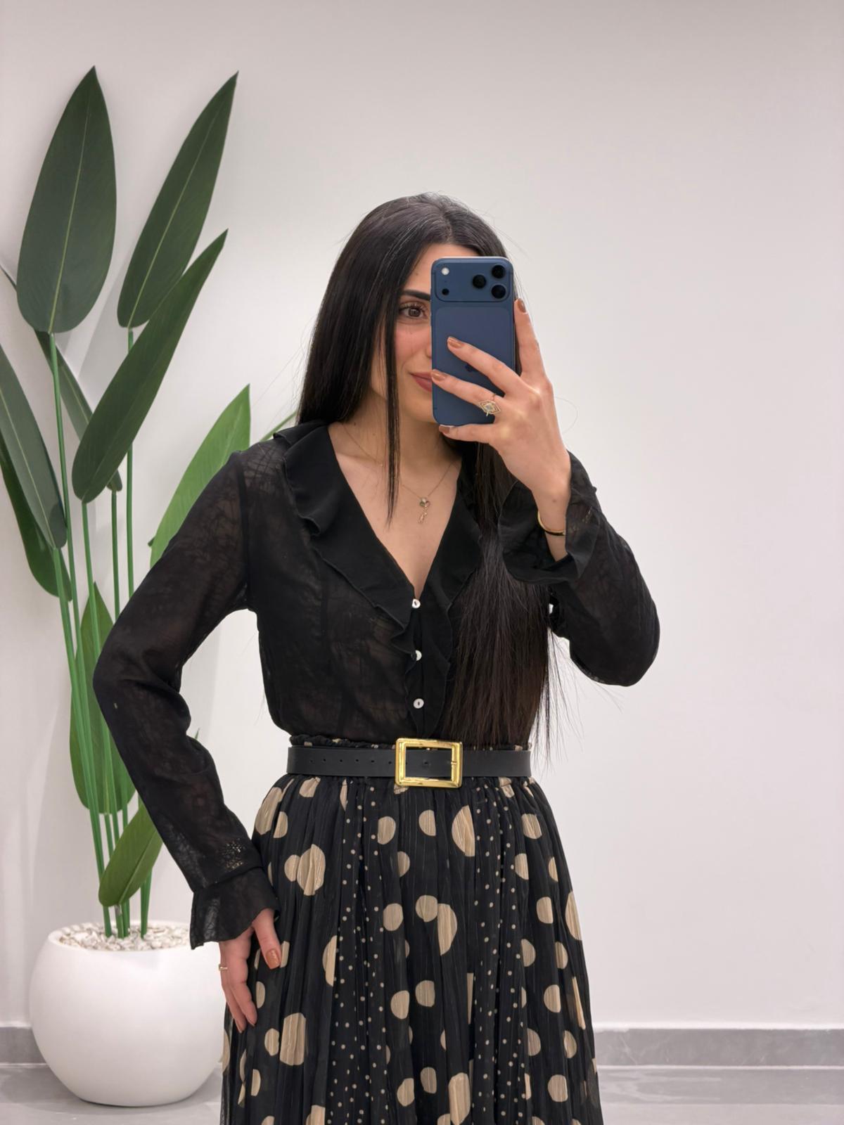 Puantiyeli Simli Şifon Etek Siyah