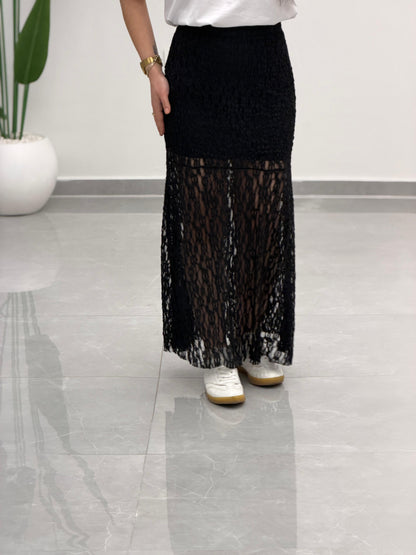 Volanlı Dantel Midi Etek Siyah