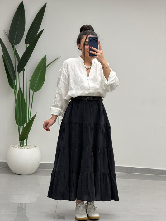 Beli Lastikli Kemerli Kloş Etek Siyah
