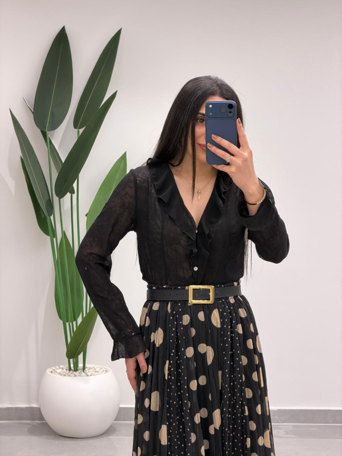 Puantiyeli Simli Şifon Etek Siyah