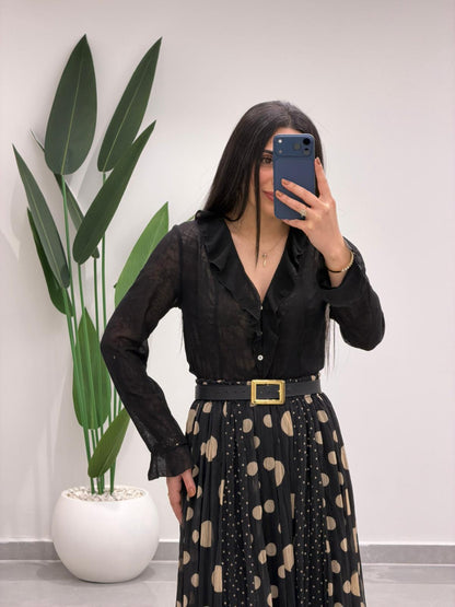 Puantiyeli Simli Şifon Etek Siyah