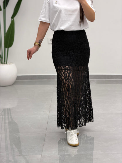 Volanlı Dantel Midi Etek Siyah